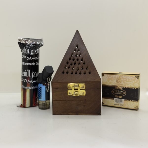 Wooden Pyramid Bakhoor Burner Box Combo